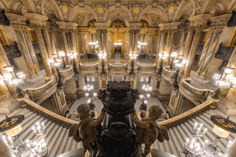 L’intérieur majestueux de l’Opéra Garnier à Paris pendant une représentation classique, mettant en valeur son architecture.